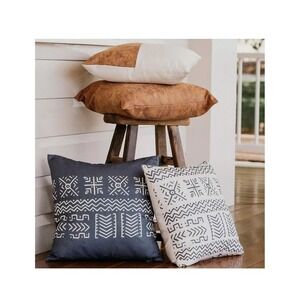 Set of 4 Pillow Covers 18"x18" Vegan Leather Aztec Blue Cream Decorative